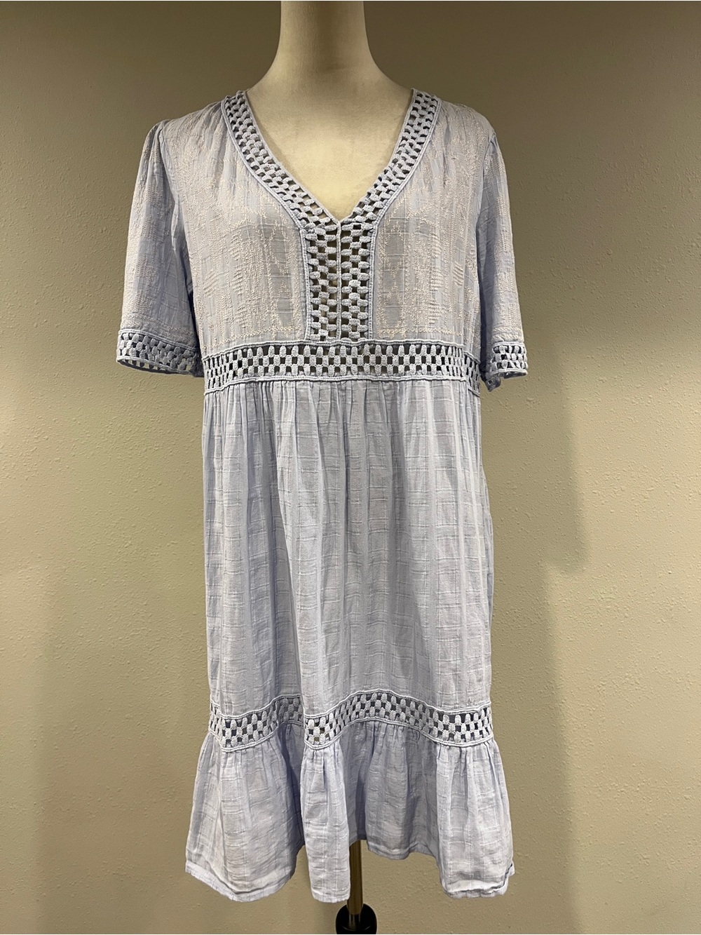 Knox Rose Light Blue V-Neck Crochet Trim short sleeves mini Dress size large